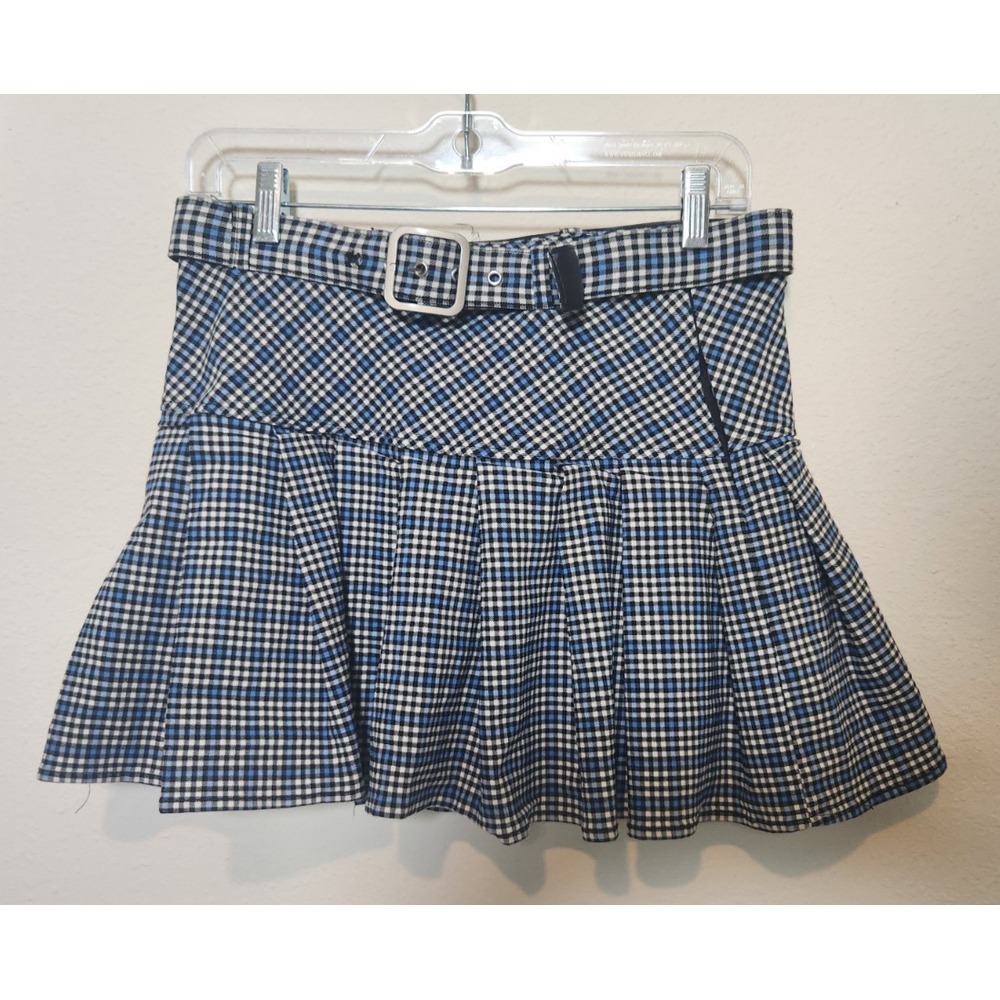 Forever 21 Blue Plaid Academia Pleated Mini Skirt‎ Large Belt Buckle Goth Grunge